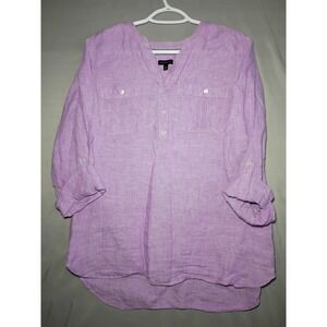 Talbots Womens Top M Purple 100% Linen Roll Tab Tunic Casual Beachy Coastal